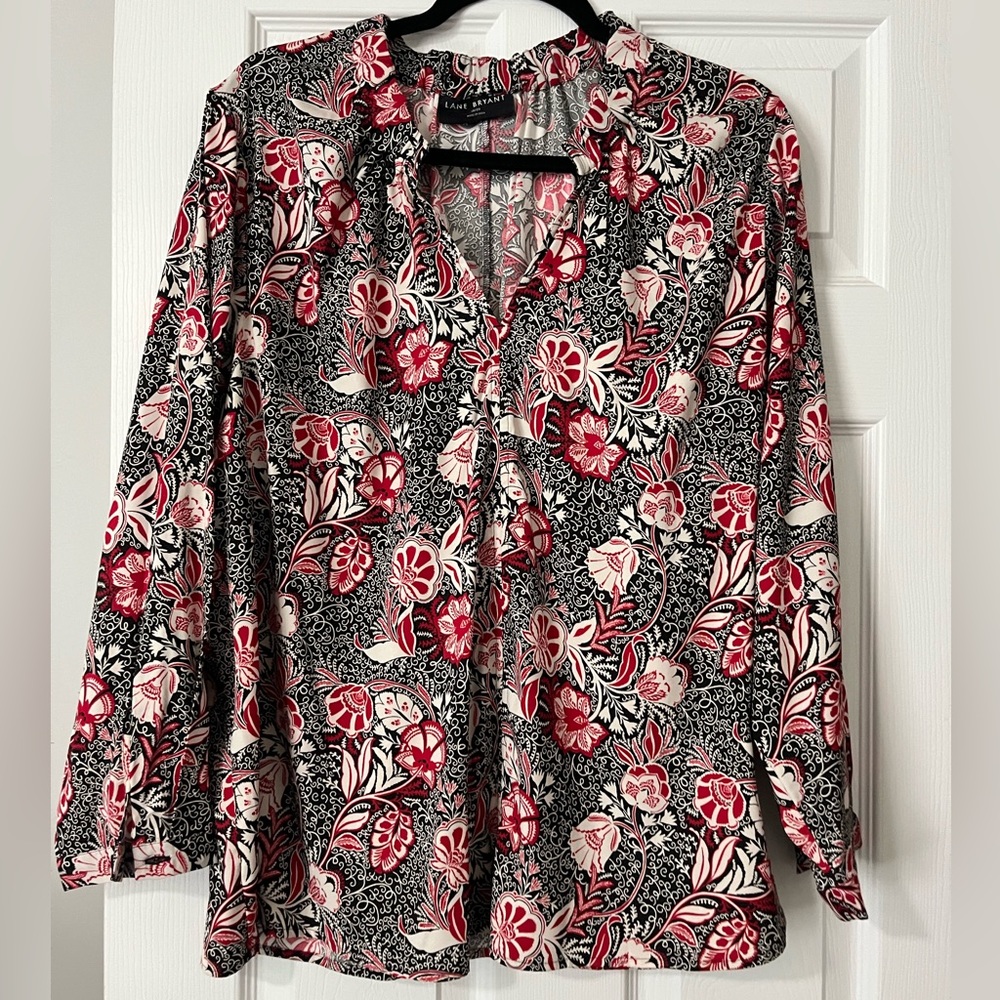 Lane Bryant Red and Black Floral Blouse